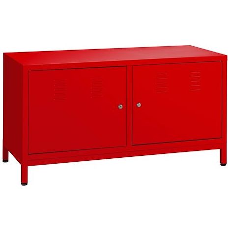 Bahut métal rouge à portes battantes – Structure en tôle d’acier 9/10e – Dimensions H 65 x L 119 x P 50 cm – 2 compartiments avec serrure