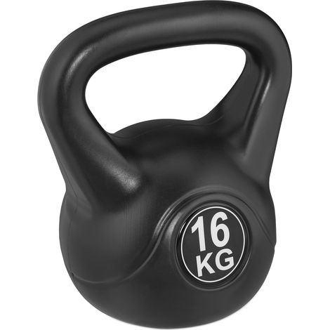 Relaxdays Kettlebell, 16kg Sand-Filled Dumbbell, Plastic Corpus, Equipment for Gym and Home Workouts, Women & Men, Black (1/5)