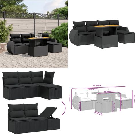 Salon de jardin 6 pcs avec coussins noir résine tressée - Ensemble Salon De Jardin - Mobilier Extérieur - Salon De Jardin Design - Table Basse Extensible - Chaise Lounge - Home & Living (1/4)