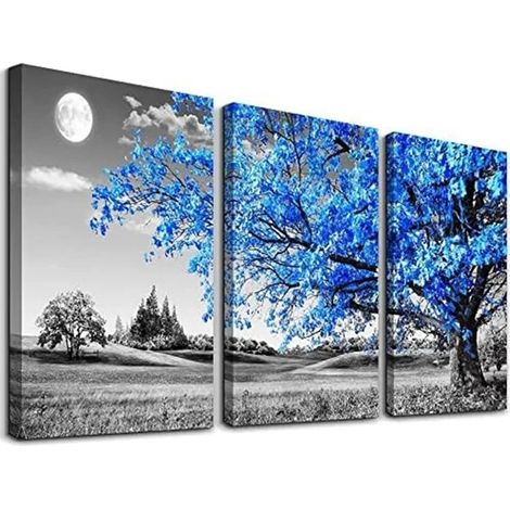 Tableau sur toile Arbre de Vie Bleu, Peinture de paysage naturel vintage, Décoration de salon 70x100cm 3 pièces - Cadre photo (avec bordure blanche de 5cm) (1/5)