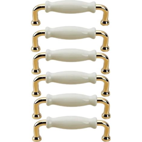 Ensemble de 6 poignées de meuble, entraxe de 128 mm, poignées de cuisine, quincaillerie pour meubles, poignées de porte, or et blanc (1/5)