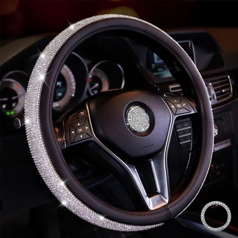 Couvre Volant Paillette Strass Protege Volant Voiture en Cristal Diamant Brillant 38 cm Antidérapant Glitter Housse Volant Voiture Bling Accessoires pour Femmes (Noir -Blanc) (1/5)