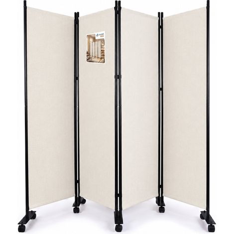VOUNOT® Paravent Raumteiler 4 Teilig auf Rollen Freistehend 228 x 30 x 164 cm Beige