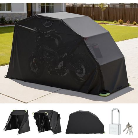 Abri Moto 346x137,5x190 cm Garage Moto Tissu Oxford 600D Tente Garage Rabattable Abri de Rangement Extérieur Toutes Saisons Housse à Revêtement PVC avec Serrure, Fenêtres de Ventilation, Noir