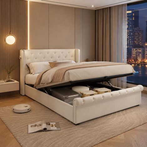 Lit coffre hydraulique 160x200 cm en velours beige, bandeau LED, port USB, tête avec rangement (1/5)