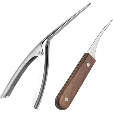 Lot de 2 nettoyeurs et déveineurs de crevettes en acier inoxydable Éplucheur de crevettes avec manche en bois Couteau à crevettes (1/4)