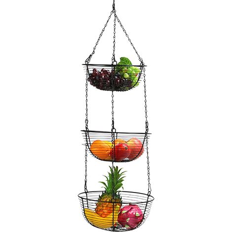 Cesto sospeso a 3 ripiani con gancio, Portafrutta in ferro, da appendere, per cucina, per pane e verdura (nero) (1/5)