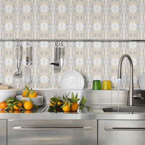 Sticker Mural Carrelage adhésif Cuisine Salle de Bain - 24 STICKERS CARREAUX DE CIMENT EFFET MARBRE GRIS ET DORÉ - 24stickers10x10cm (1/5)