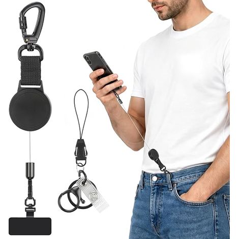 Lanière Rétractable pour Téléphone Portable, Cordon Antivol Sangle Rétractable avec Onglet Métal 360°, Cordon Sécurité Téléphone Portable pour Ski, Randonnée, Escalade, Voyage, Cyclisme (1/5)