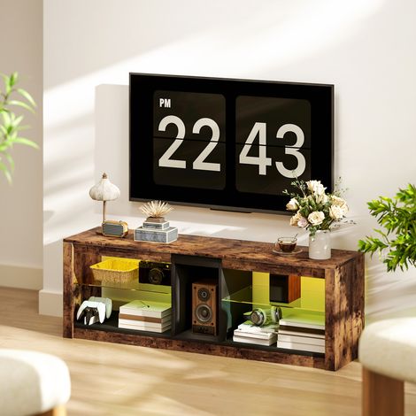 Meuble TV avec éclairage LED et télécommande, avec étagère et compartiment ouvert, 140x35x47cm, marron. (1/5)