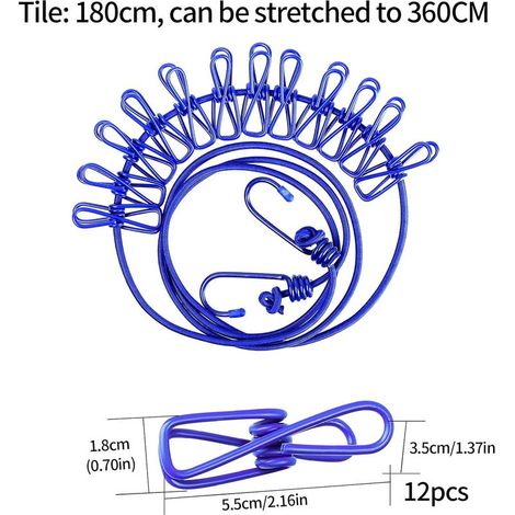 Tendeur à linge de camping 174 cm, corde extensible avec 12 pinces, idéal pour voyages et plein air. (1/4)