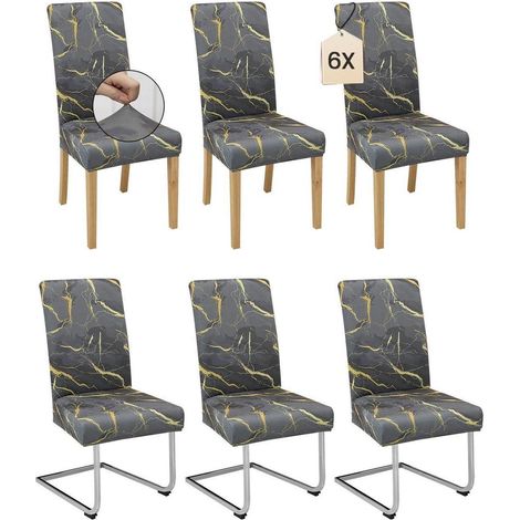 Housses de chaise 6x, aspect marbre noir-or, extensibles, décoratives, universelles (1/5)
