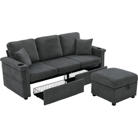 Sofá Esquinero Reversible 3 Plazas en Terciopelo Acanalado con Cofre, 2 Cajones, Portavasos, LED y USB/Type-C, Gris