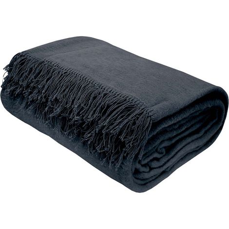 Coperta in cotone 150x200 con frange, tinta unita grigio antracite. (1/5)