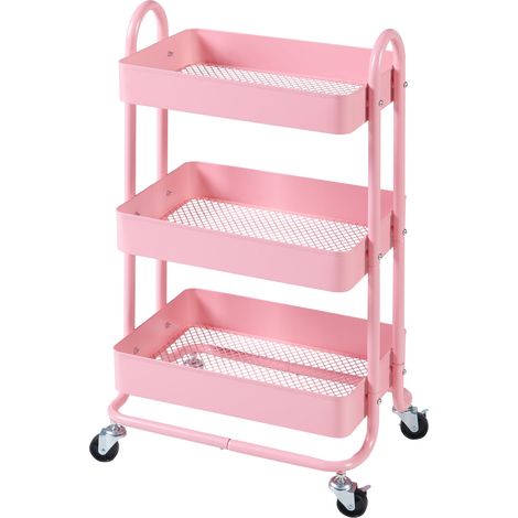 Chariot de service desserte cuisine salon meuble de rangement à 3 paniers acier 79 x 46 x 35 cm rose (1/4)