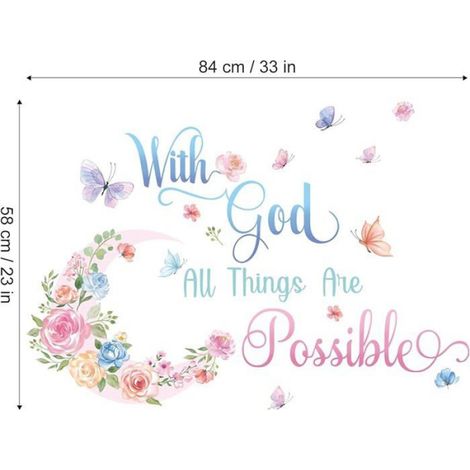 Stickers Muraux Citations With God All Things Are Possible Décoration Murale Fleurs Roses et Papillons STICKERS (1/4)