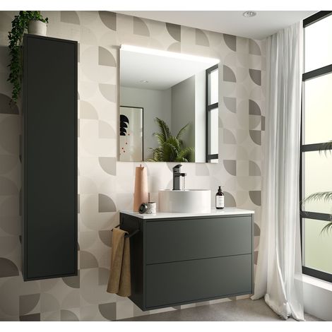 80 cm hängender Badezimmerschrank aus mattschwarzem Holz mit Waschbecken – Olympus - 80 cm Mit Doppelsäule Lampe - Accessorio: Standard - Misura: 80 cm
