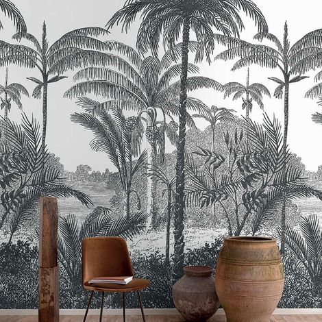 Papier peint à motif jungle cocotier 159x280cm – Pose facile – Évite déformations et bulles d'air – Pour murs variés – Hxadeco (1/4)