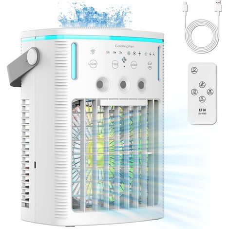 Climatiseur portable 4 en 1, petit ventilateur avec réservoir d'eau de 1 000 ml, minuterie, 3 brumisateurs, 7 modes d'éclairage, chargement USB (1/5)