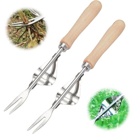 2PC - Désherbeur Manuel - Outil Jardinage - Acier Inoxydable Manche Bois Pour Racines Pissenlits Usage Extérieur Naturel 30x5cm