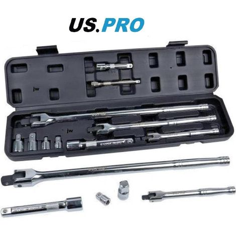 US Pro Breaker Bar Extension Bar & Adaptor Set 10pc 1/4"" 3/8"" & 1/2"" & Case 4170