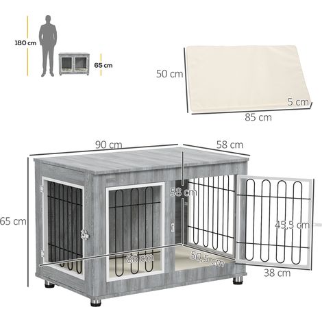 Cage à chien gris deux verrous double porte avec coussin 90x58x65cm, niche robuste confortable adaptée aux chiens de taille moyenne intérieur (1/5)