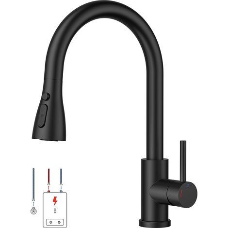 Robinet Cuisine Douchette Extractible, Rotation À 360°, Robinetterie à basse pression, Mitigeur de Cuisine adapté à un Chauffe-eau Ouvert et Appareils Sous Évier, Noir Mat (1/5)