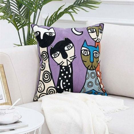 Housses coussin Picasso 45x45 cm coton lin brodé, lot 4, design visage abstrait, pour canapé, chambre, salon (1/4)