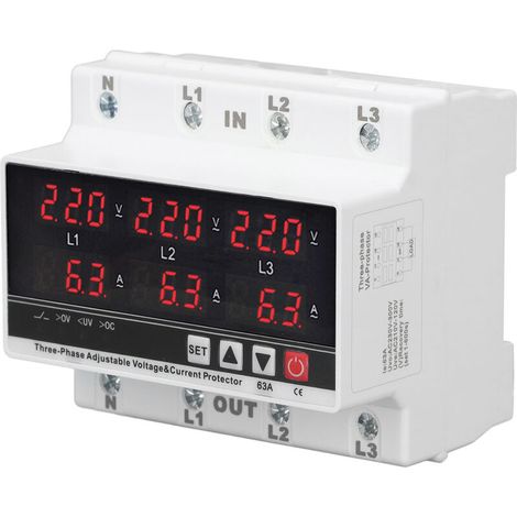 Undervoltage protector, 3-phase, 3-wire, 4-wire, 63A adjustable DIN rail voltmeter/ammeter, overvoltage and undervoltage protector, overcurrent protector (1/5)