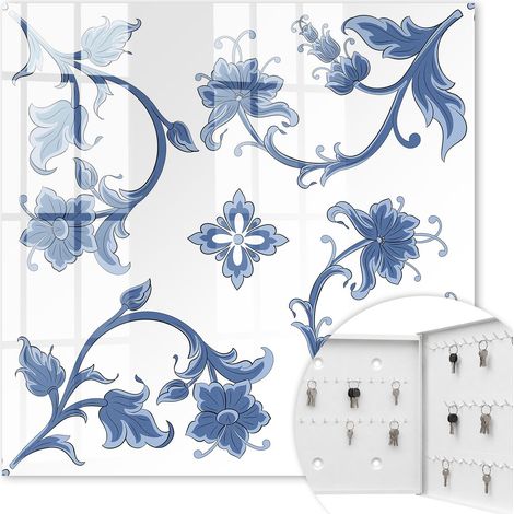 Armoire à clés - (30 cm x 30 cm) - Boîte à clés murale - Coffret de rangement pour clés - Couleur blanche - Ouverture vers la droite - Pour maison et bureau - Motifs floraux