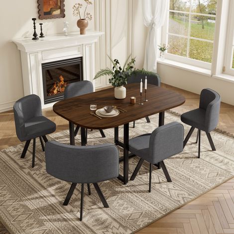 Set table à manger 140x90x73 cm + 6 chaises en lin, plateau en noyer, pour cuisine et salle à manger, pour 6 personnes, gris+Noyer