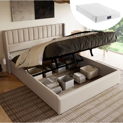 MEUBLIV Lit coffre rembourré double 160 x 200 cm en lin beige avec sommier relevable hydraulique tête de lit capitonnée à rayures verticales grand espace de rangement (1/5)
