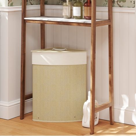Panier à linge d’angle 55 L en bambou avec couvercle amovible et sac lavable, structure métal, naturel (1/5)