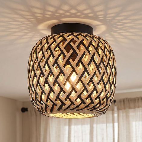 Lampada da soffitto Plafoniera Lampada da soggiorno Stile Boho Lampada da tavolo in bambù, rete metallica, 1x presa E27, DxH 20x19,5 cm
