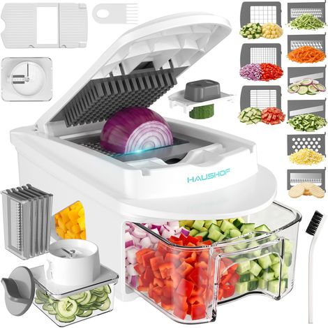 HAUSHOF 13-en-1 Hachoir à Légumes Multifonction avec 13 Lames Inox avec Mandoline et Spiraliseur, Coupe-Légumes Manuel avec Bac Coulissant, Râpe, Coupe en Dés et Protège-Doigts (1/5)