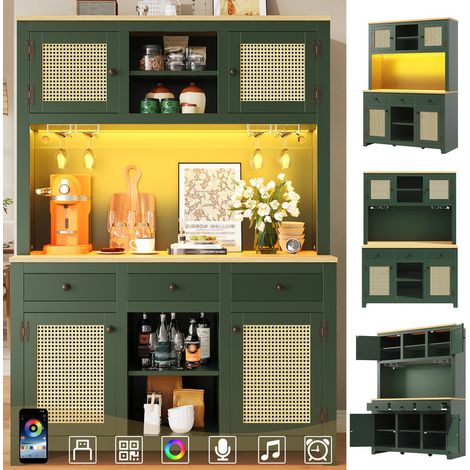 Buffet de cuisine haute avec LED intégré, PE rattan avec anti et basculement – Meuble de rangement tiroirs  at étagères réglables– Vintage – Pour cuisine, salon ou salle à manger