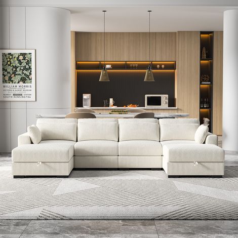 BPKADHY Sofa 4 Sitzer, Modulares Sofa mit Federkern, Ecksofa Cord mit 2 Fußhockers, Polstersofa mit Stauraum, Wohnzimmersofa mit Kissen, Niedrige Sofas, Massivholzrahmen, Beige (1/5)
