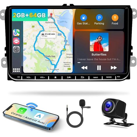 [2+64G] 9" Android 13 Autoradio für VW Golf 5 T5 Polo Tiguan Passat mit Wireless CarPlay GPS 2 Din Bluetooth Autoradio mit Touchscreen WiFi RDS FM SWC HiFi Canbus AHD Rückfahrkamera (1/5)