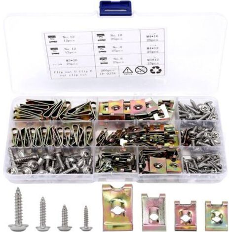 Kit de 200 pièces comprenant des clips en U et des vis, des fixations métalliques universelles en forme de U et des vis de carrosserie pour les ailes de voiture. (1/5)