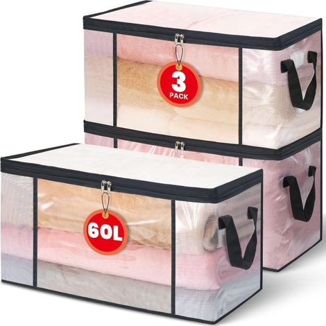 Lot de 3 sacs transparents 60L pour vêtements, housses de rangement sous lit ou armoire, pliables avec fermeture éclair et poignées. (1/5)