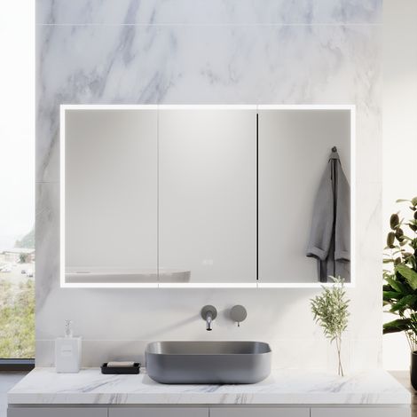 ELEGANT Wall Mounted Bathroom LED Mirror Cabinet Cupboard with Mirror 3 Door Soft Close Storage Cabinet with Adjustable Light Shaver Socket Bluetooth 1050x650x125mm (1/5)