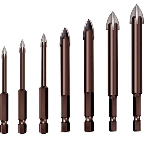 Ensemble de 7 forets hexagonaux Phillips pour carrelage, forets en carbure de tungstène pour maçonnerie, béton, murs de briques, verre (3, 4, 5, 6, 8, 10, 12 mm) (1/5)