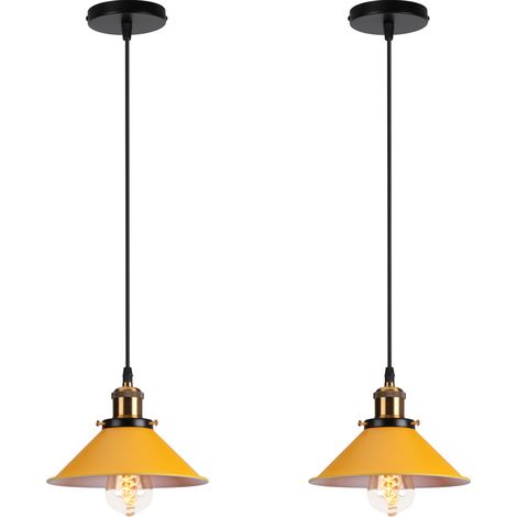 Lampada a Sospensione, Vintage Lampadario da Soffitto con Ø22cm Paralume in Ferro, Illuminazione in Industriale Stile E27 per Cucina Camera da Letto Giallo - 2 Pezzi