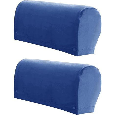Lot de 2 housses d'accoudoirs en velours extensible (élasthanne), protections pour fauteuils et canapés avec fixations pivotantes, bleu (1/5)