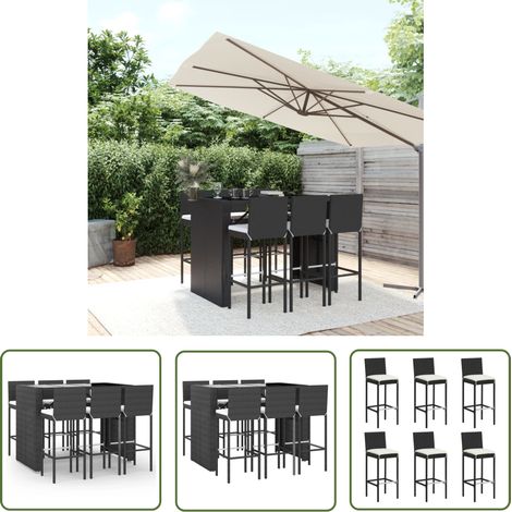 The Living Store Ensemble de bar de jardin 7 pcs avec coussins noir poly rotin - Ensemble Salon De Jardin - Mobilier De Jardin - Set De Bar Extérieur - Table Et Chaises De Jardin - Chaise De Bar (1/5)