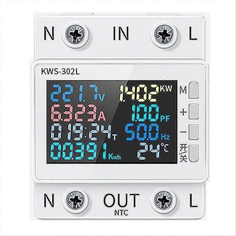 KWS-302L Compteur Électrique Protecteur de Tension Surchauffe et Sous-Tension, Interrupteur de Sécurité 230V, Monophasé, Disjoncteur Intégré (1/5)