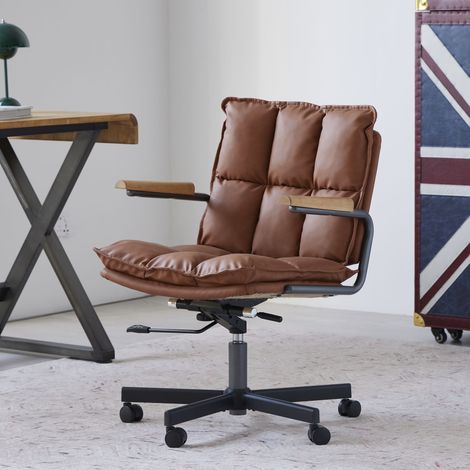 Ergonomischer Bürostuhl aus Leder mit Eichenholz-Armlehnen, höhenverstellbarer Drehstuhl mit Rollen für Zuhause und Büro (1/5)