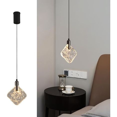 Suspension carrée en verre, lampe suspendue en métal noir avec abat-jour en cristal à bulles, lampes de chevet, lustre LED moderne - 5 W - 3 modes de couleur (1/5)