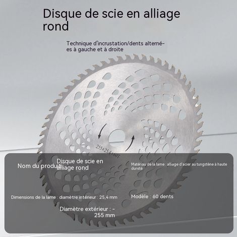 Lame de débroussailleuse en carbure 60 dents avec trous, diamètre 255mm alésage 25.4mm, disque de coupe-herbe alliage, denture alternée gauche-droite