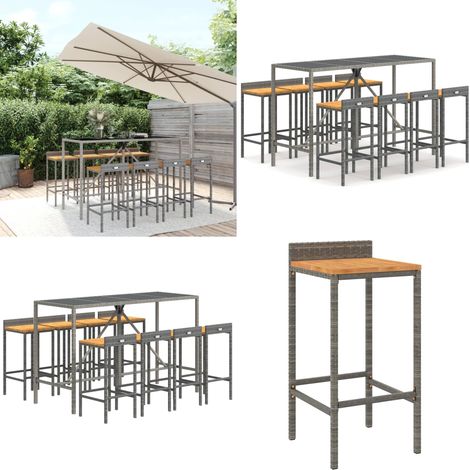 Ensemble de bar jardin 9 pcs gris poly rotin/bois massif acacia - Ensemble Salon De Jardin - Mobilier De Jardin - Table De Bar - Set De Bar - Chaise Haute - Home & Living (1/5)